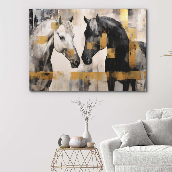 White and Black Horses in a room