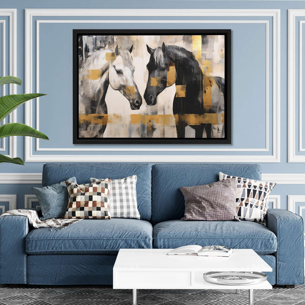 White and Black Horses in a room