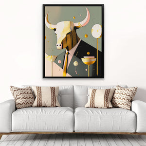 Yellow Tie Bull - Abstract Pink Canvas Wall Art