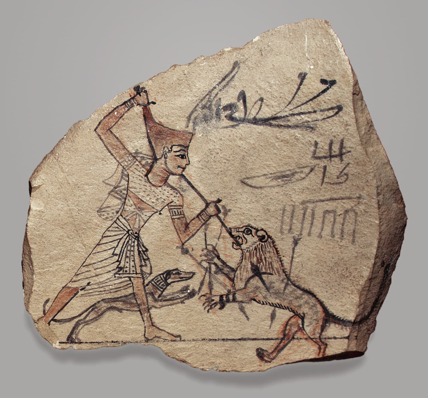 Ostracon with Pharaoh Spearing a Lion and a Royal Hymn on its Back by Ancient Egyptian (Unknown)