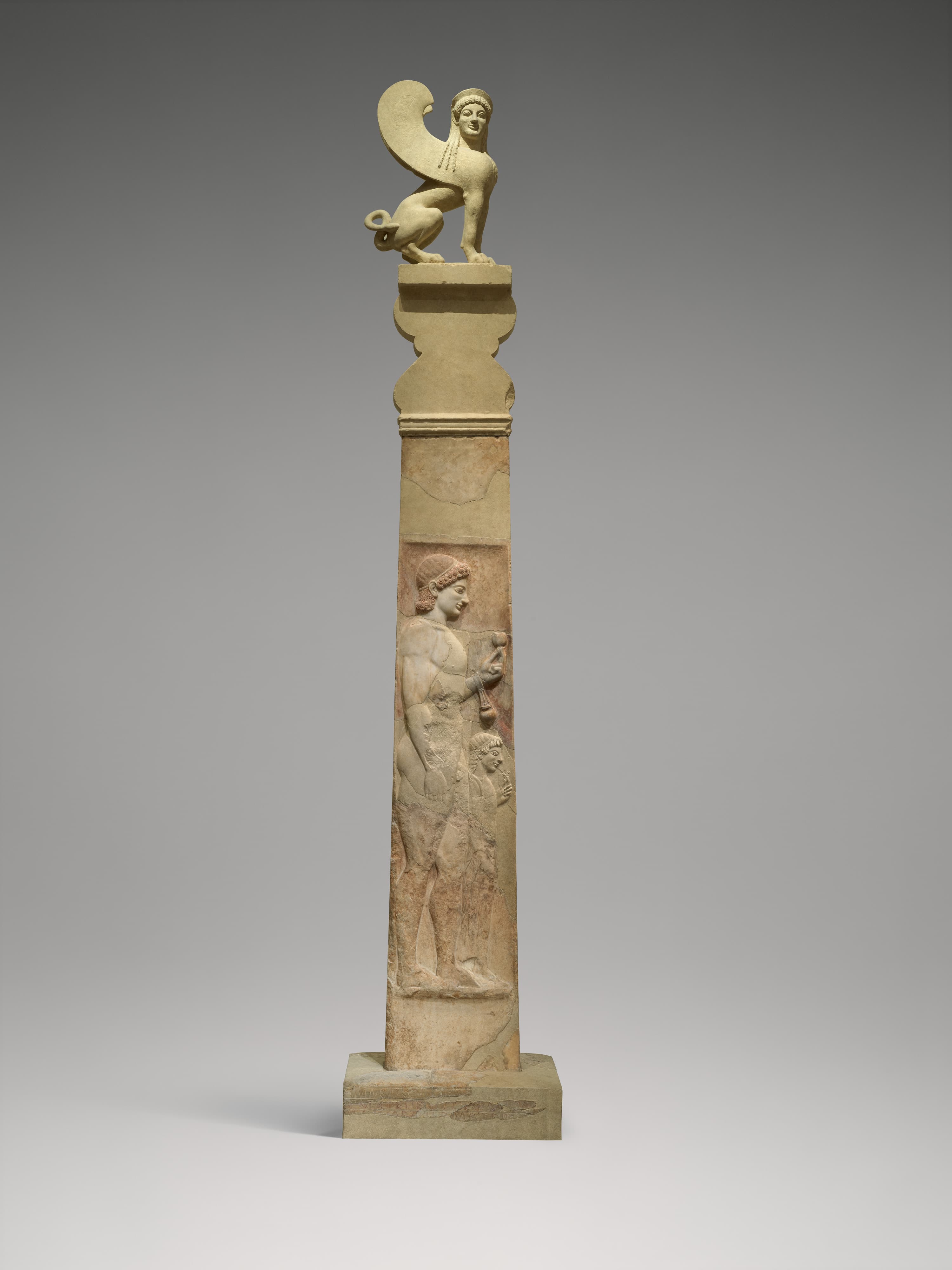 Marble stele (grave marker) with a youth and little girl, and a capital and finial in the form of a sphinx by Ancient Greek (Unknown)