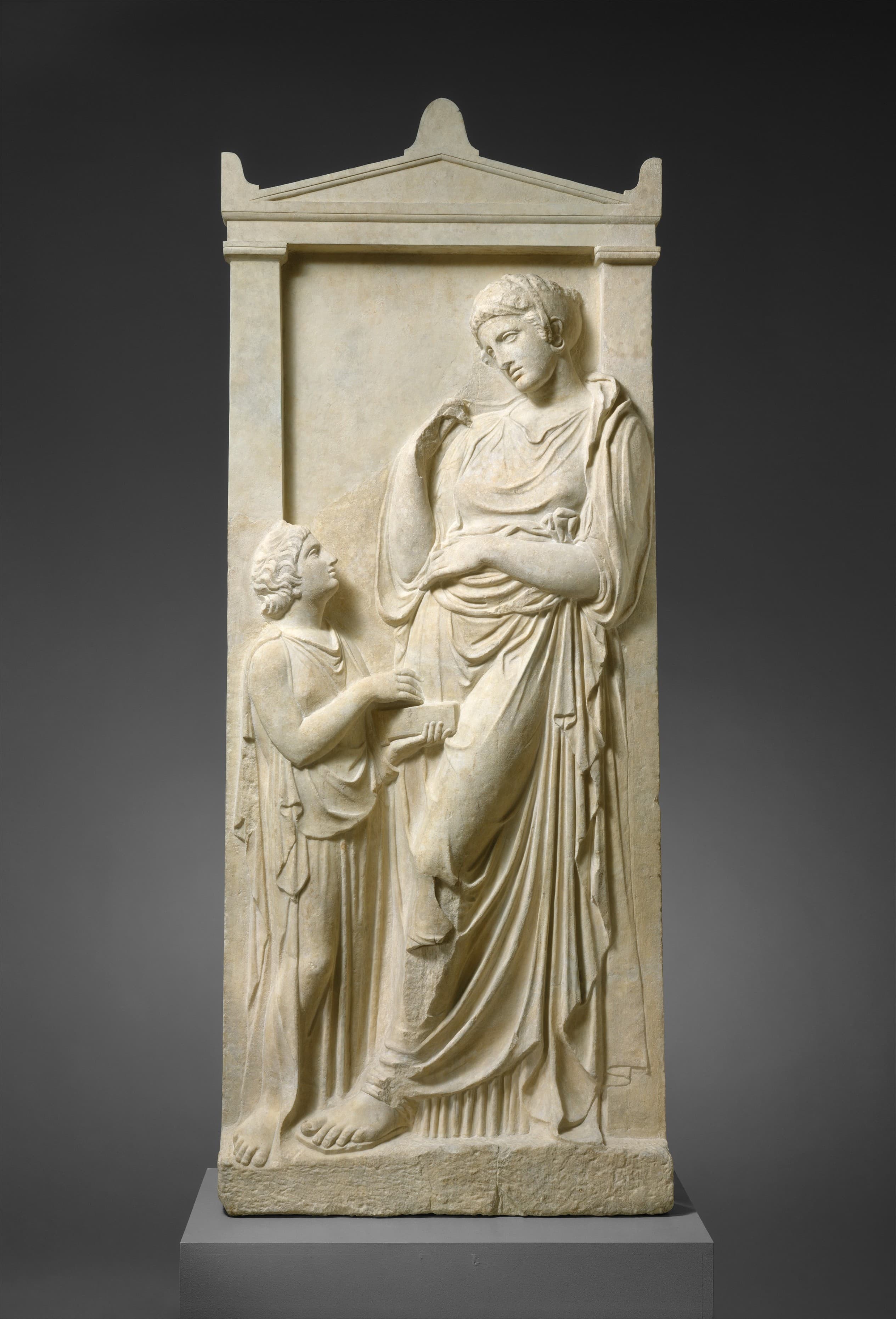 Marble grave stele of a young woman and servant by Ancient Greek (Unknown)