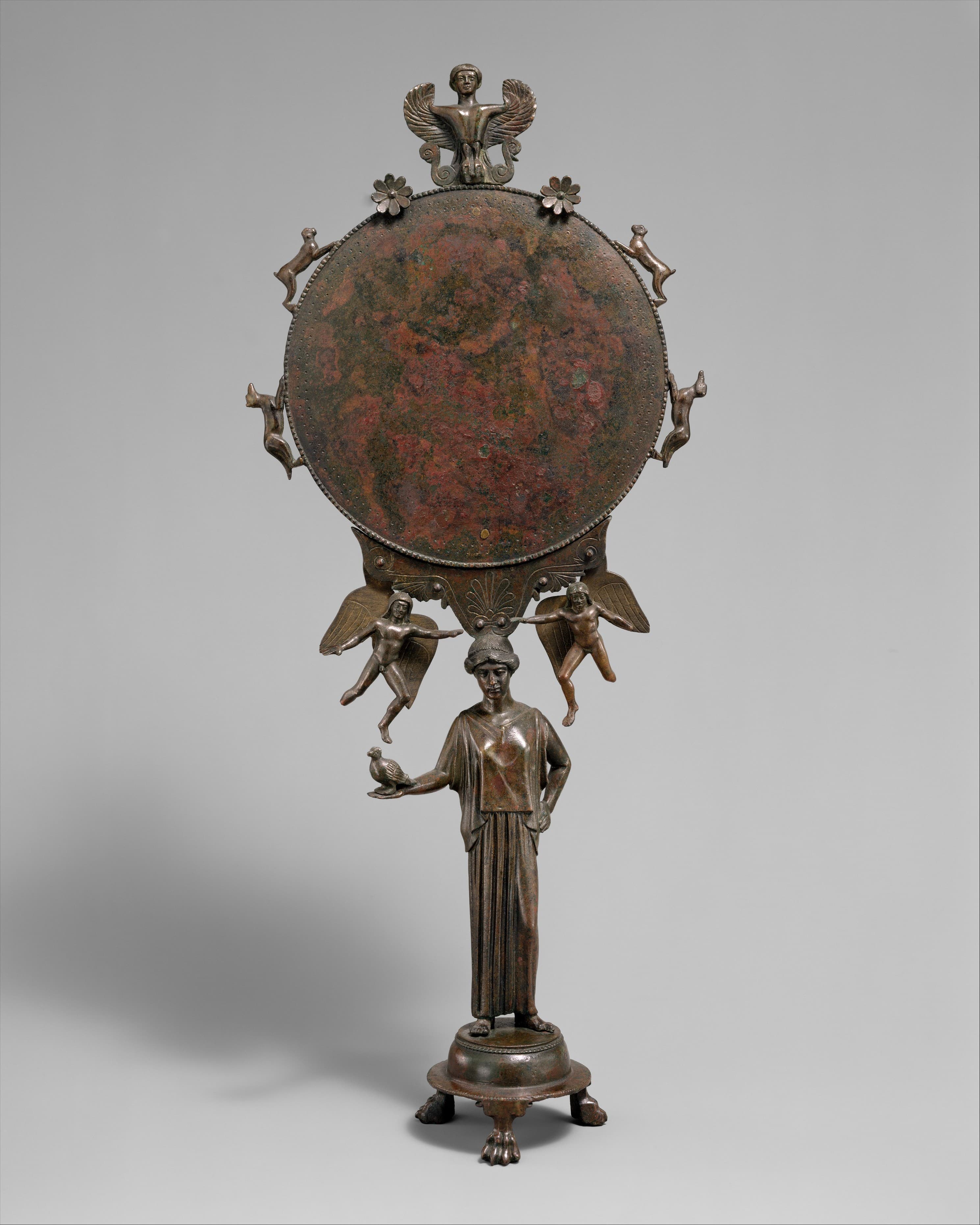 Bronze mirror with a support in the form of a draped woman by Ancient Greek (Unknown)