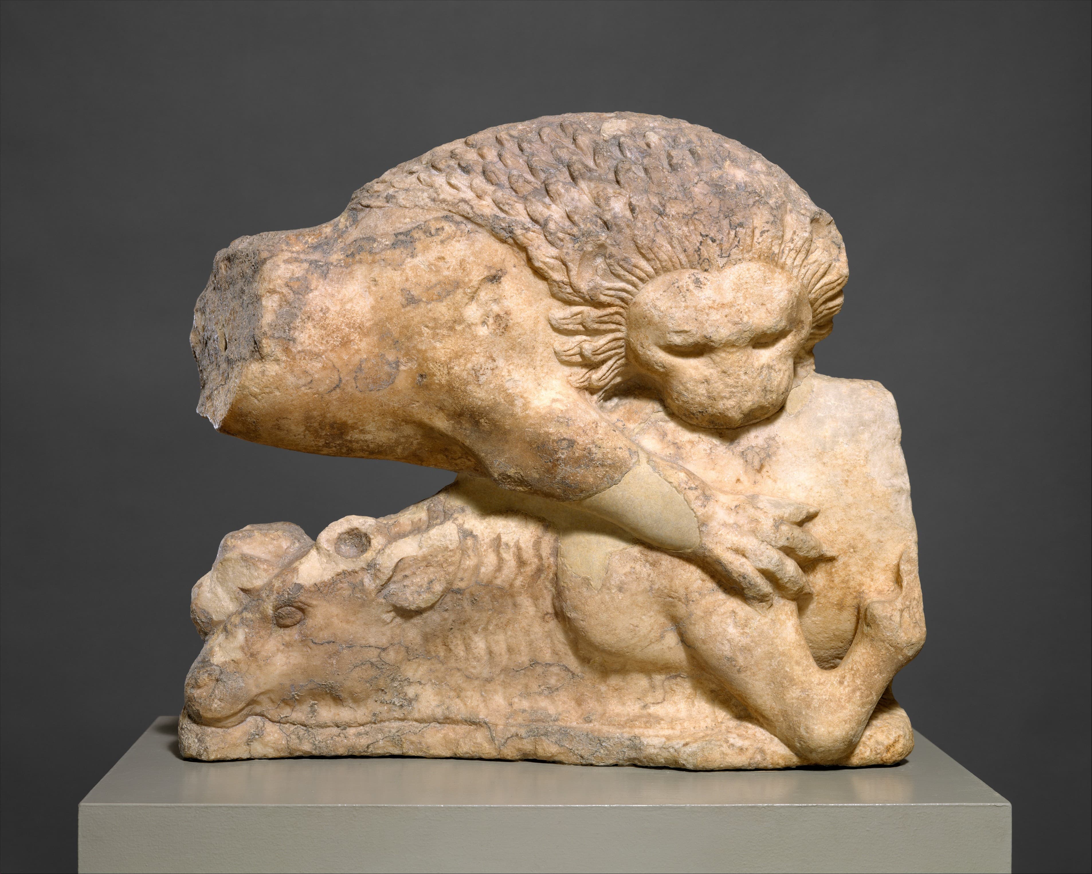 Lion felling a bull, from a marble pediment by Ancient Greek (Unknown)
