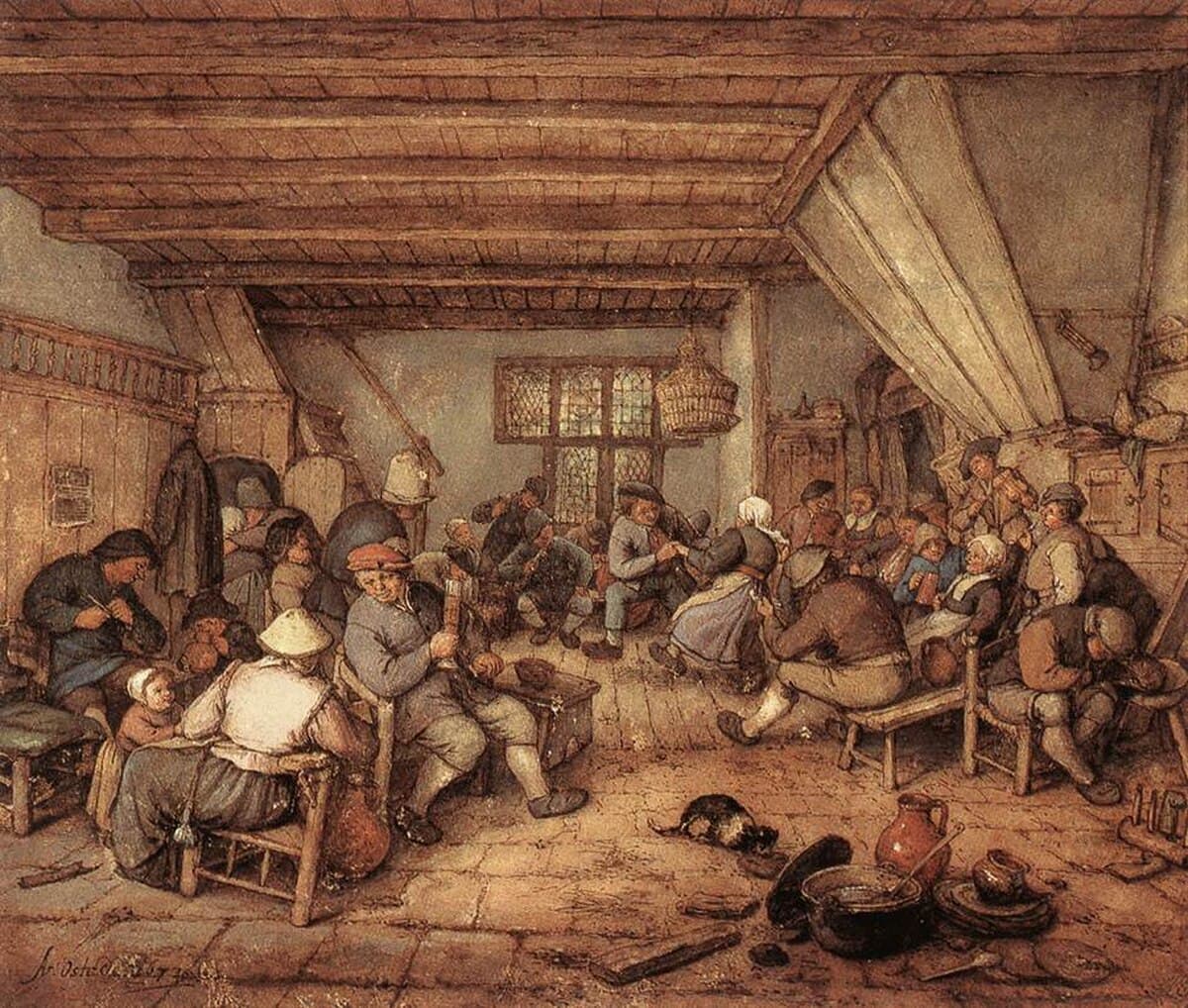Feasting Peasants in a Tavern by Adriaen van Ostade at Private Collection