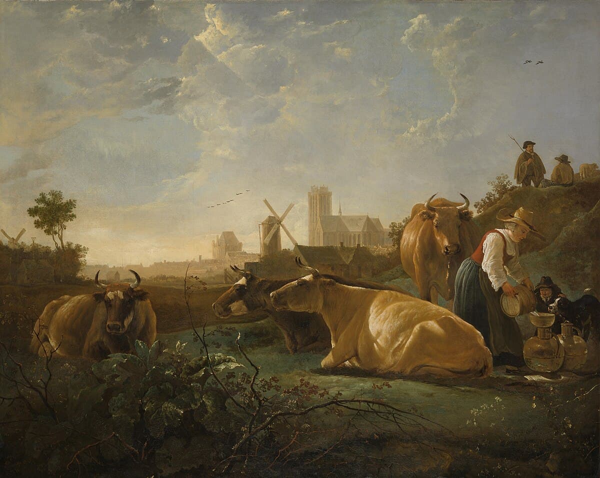 A Distant View of Dordrecht, with a Milkmaid and Four Cows by Aelbert Cuyp