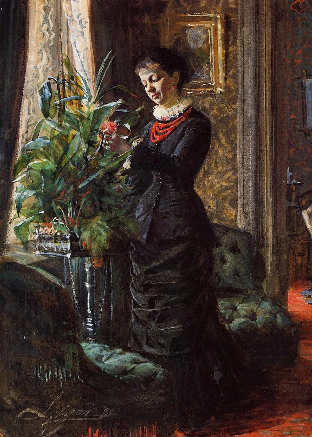 Portrait of Fru Lisen Samson, nee Hirsch, Arranging Flowers at a Window by Anders Zorn at Private Collection