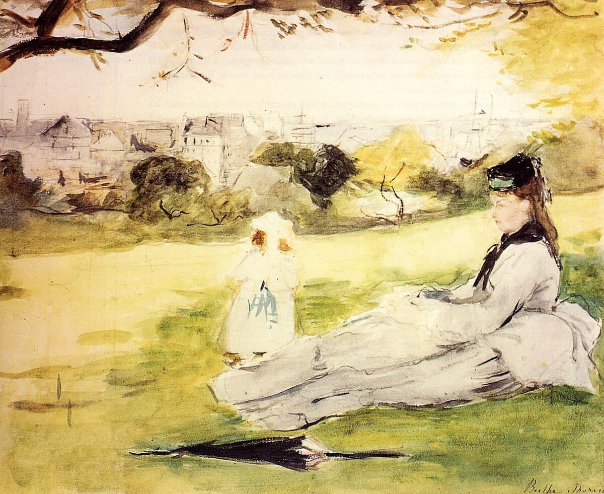 Woman and Child Seated in a Meadow by Berthe Morisot at Private Collection