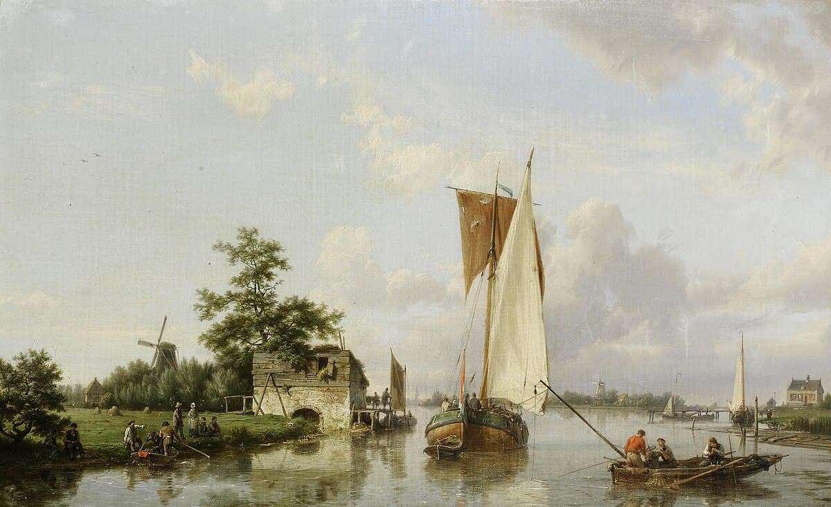 Banks of a River with Barge by Camille Pissarro