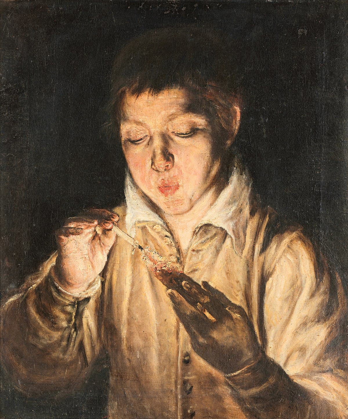 A boy blowing on an ember to light a candle by El Greco