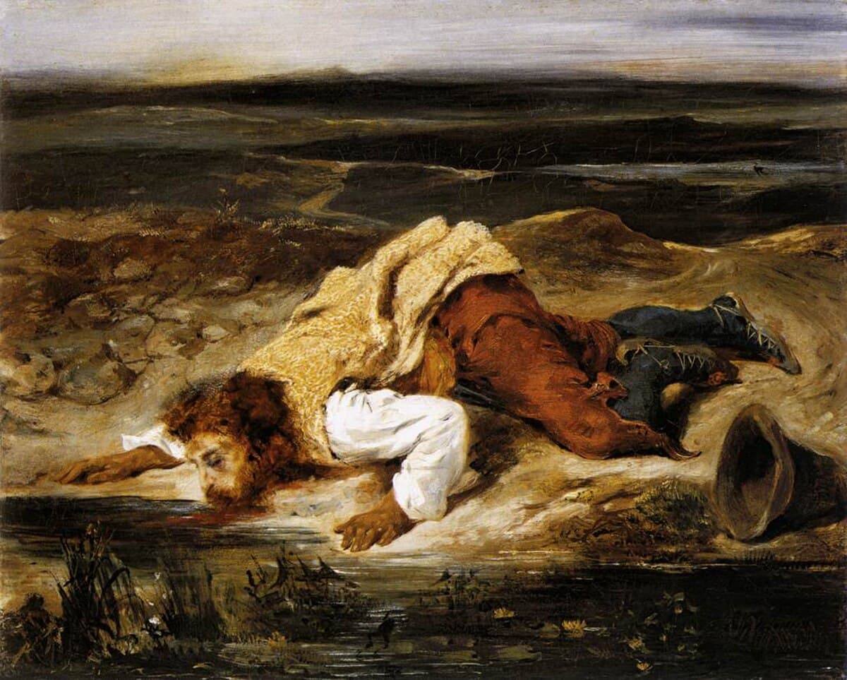 A Mortally Wounded Brigand Quenches his Thirst by Eugène Delacroix