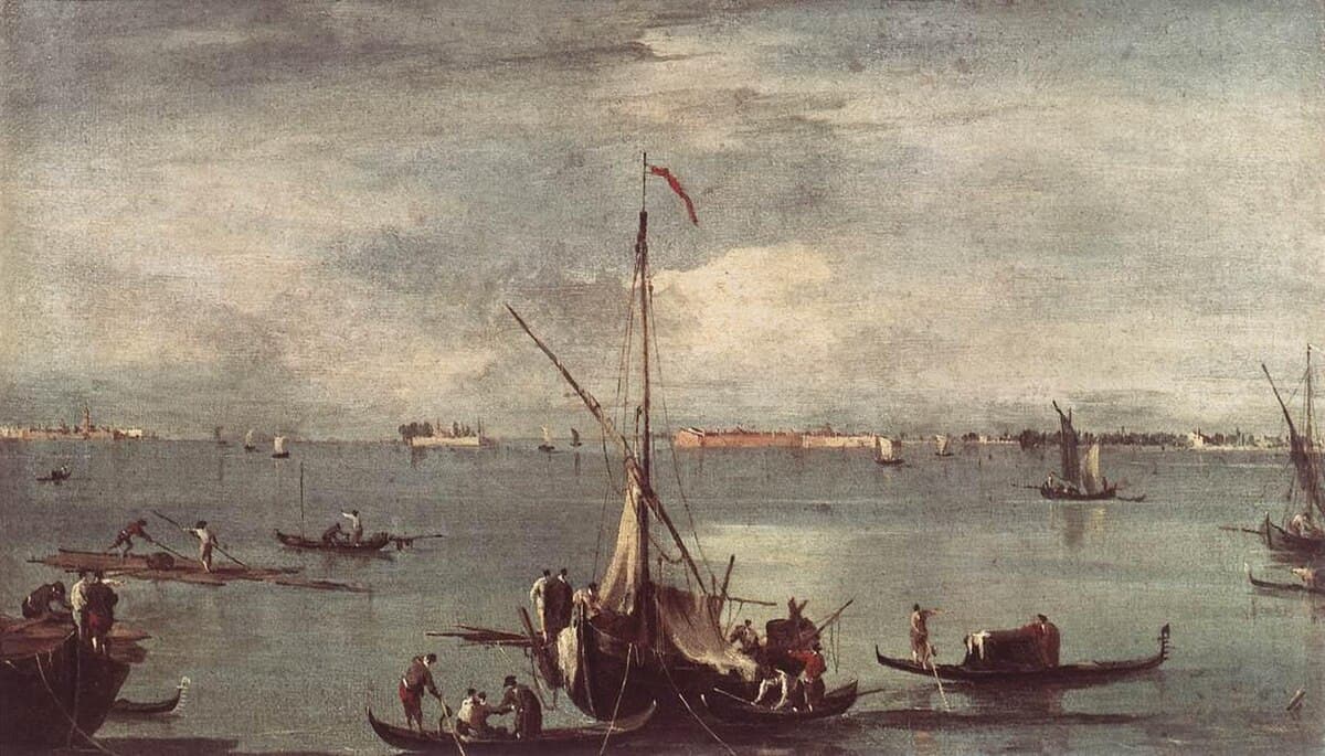 The Lagoon with Boats, Gondolas, and Rafts by Francesco Guardi