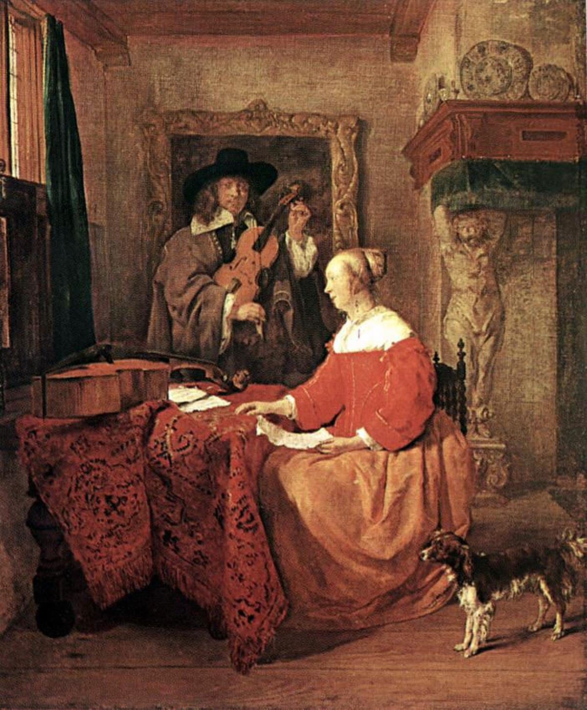 A Woman Seated at a Table and a Man Tuning a Violin by Gabriel Metsu at National Gallery