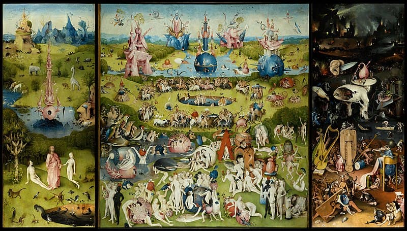 The Garden of Earthly Delights by Hieronymus Bosch (1510), Oil on oak panels at Museo del Prado, Madrid