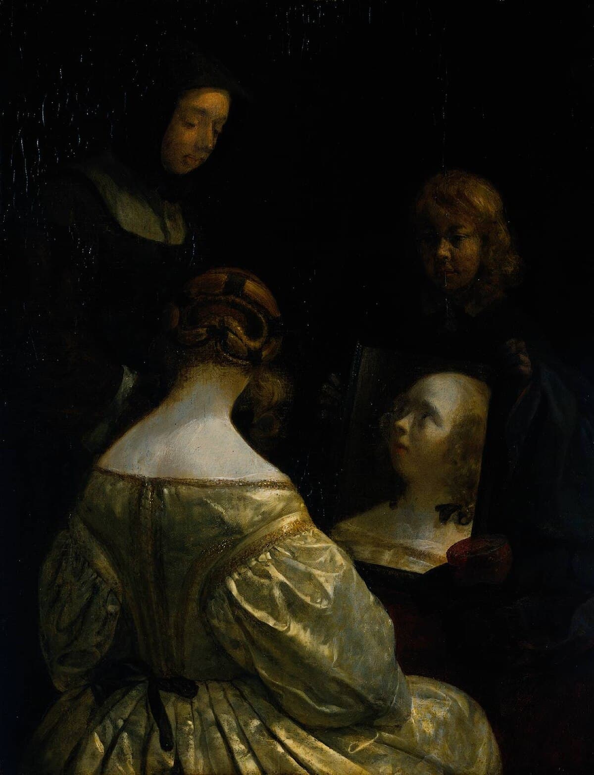 Woman at a Mirror by Gerard ter Borch (1670), oil painting at Private Collection