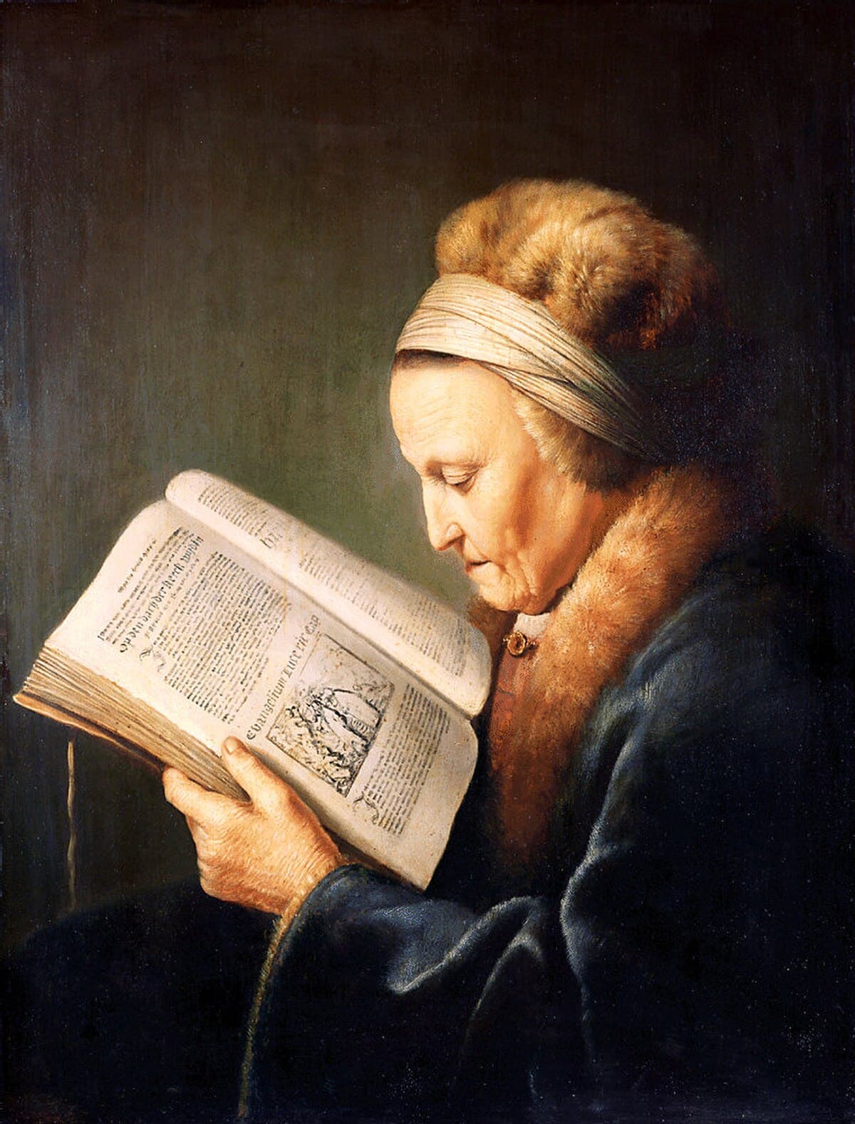 Portrait of an old woman reading by Gerrit Dou