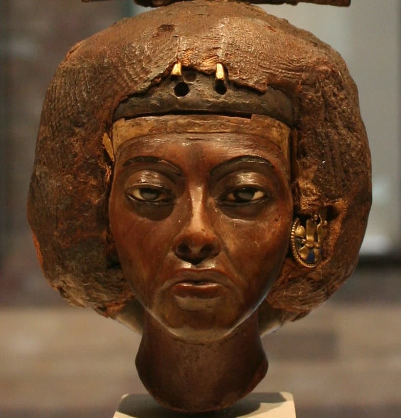 Head of Queen Tiye by Ancient Egyptian (Unknown) (-1355), Yew wood, lapis lazuli, gold