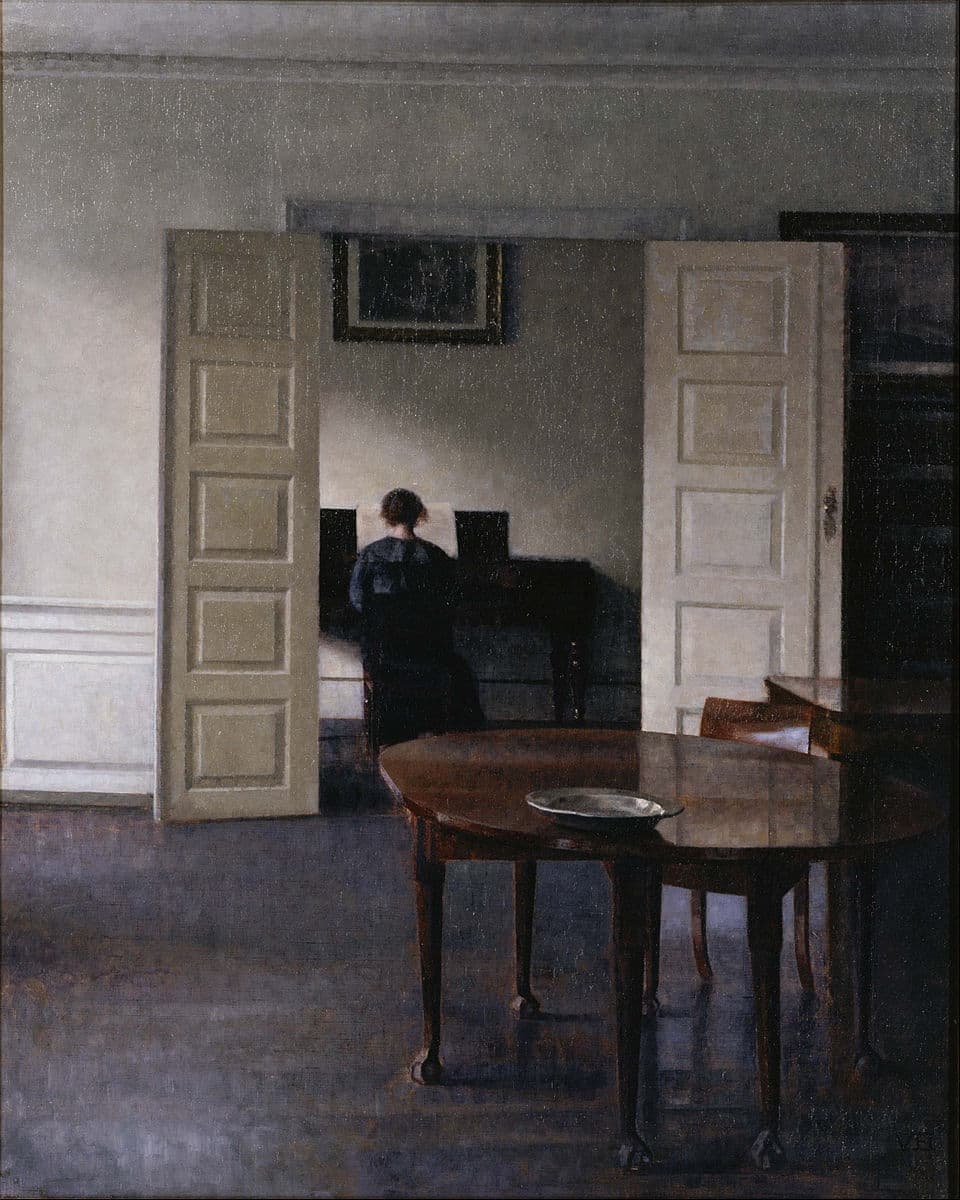 Interior with Woman at Piano by Vilhelm Hammershøi
