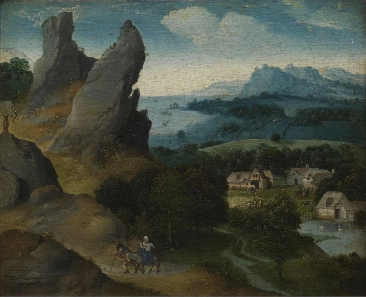 Landscape with the Flight into Egypt by Joachim Patinir (1520), Oil on panel at Musée Royal des Beaux-Arts