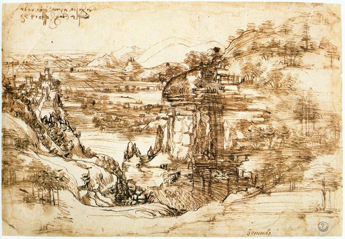 Landscape drawing for Santa Maria della Neve by Leonardo da Vinci