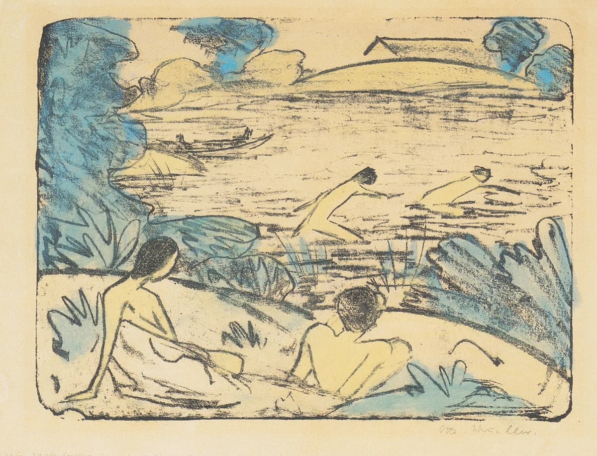Badeszene Mit Vier Figuren, Haus Und Boot (nach Rechts) by Otto Mueller at Sammlung Karsch, Berlin