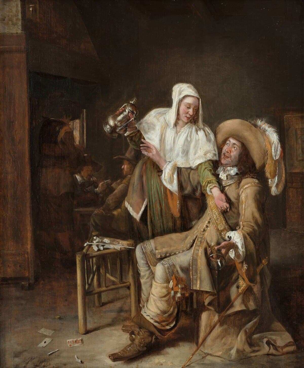 Tavern scene with maid trying to fill the glass of a cavalier (The Empty Glass) by Pieter de Hooch