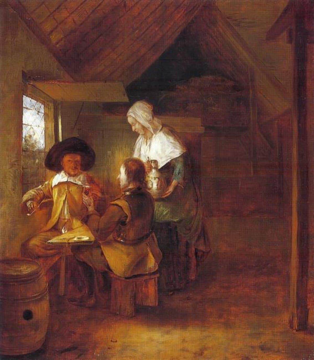 Woman drinking with soldiers by Pieter de Hooch