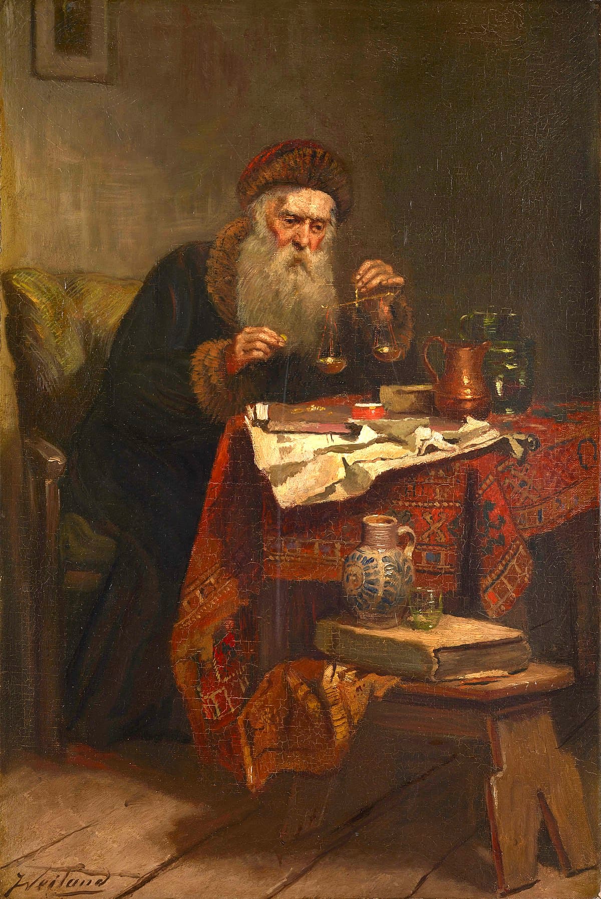 A Man Seated at a Table Covered with Books by Rembrandt van Rijn