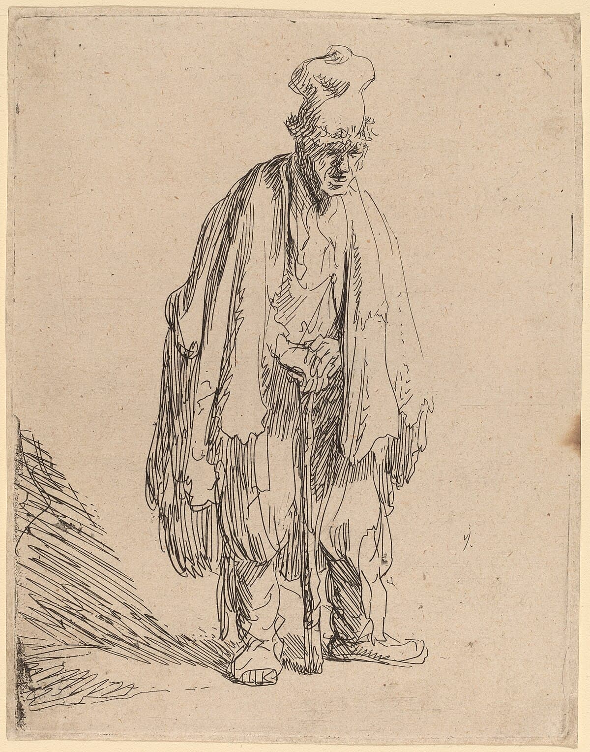 Beggar in a High Cap Standing by Rembrandt van Rijn