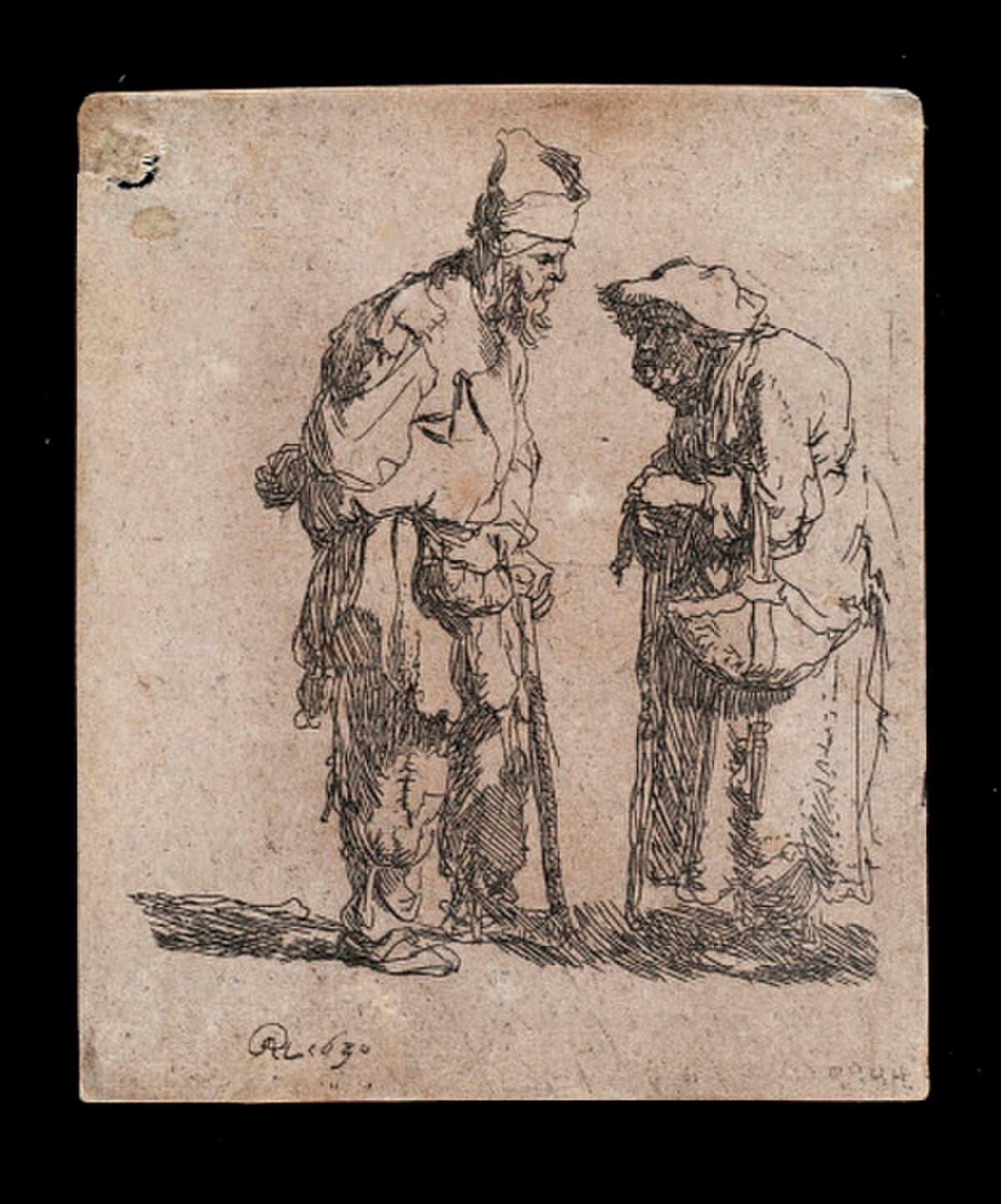 Beggar man and beggar woman conversing by Rembrandt van Rijn