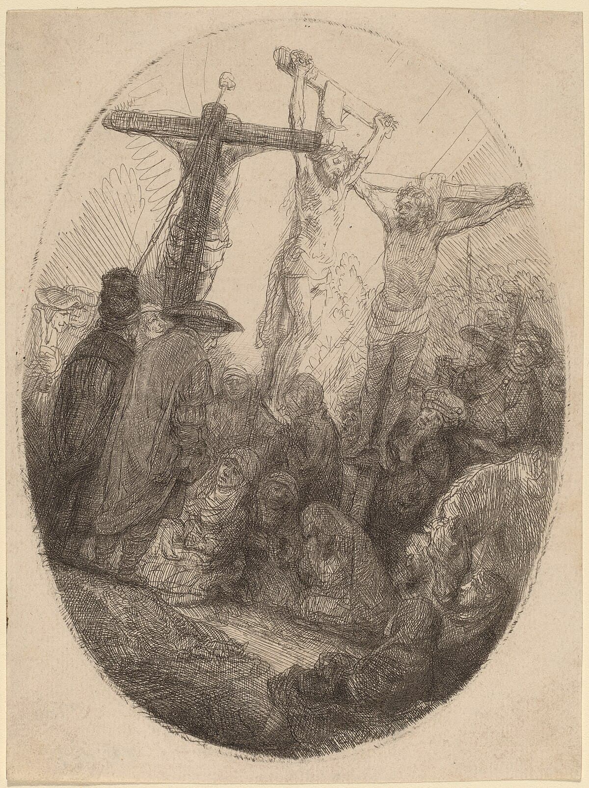 Christ crucified between the two thieves an oval plate by Rembrandt van Rijn at Private Collection