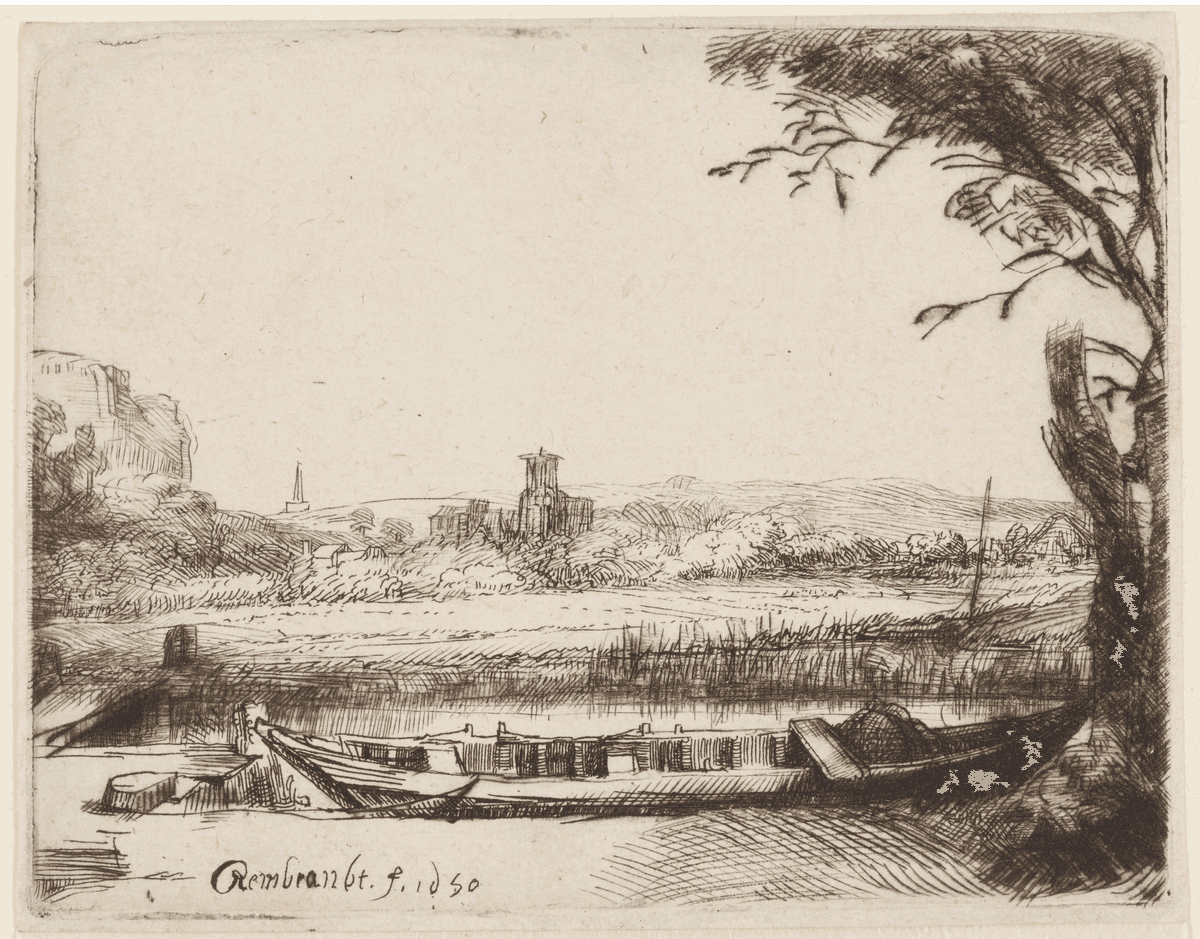 Landscape with a Canal and Large Boat by Rembrandt van Rijn