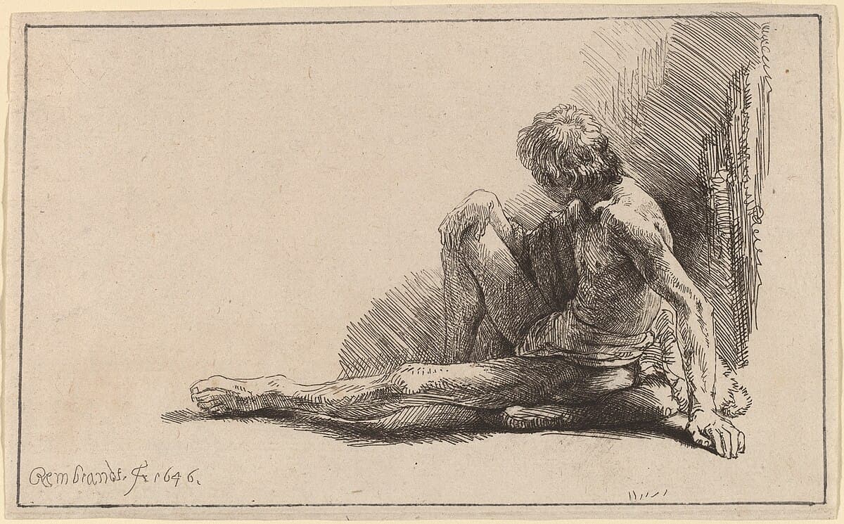 Nude man seated on the ground with one leg extended by Rembrandt van Rijn at Art Institute of Chicago