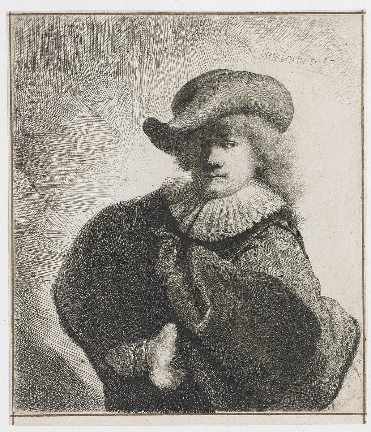 Self-portrait in a soft hat and embroidered cloak by Rembrandt van Rijn