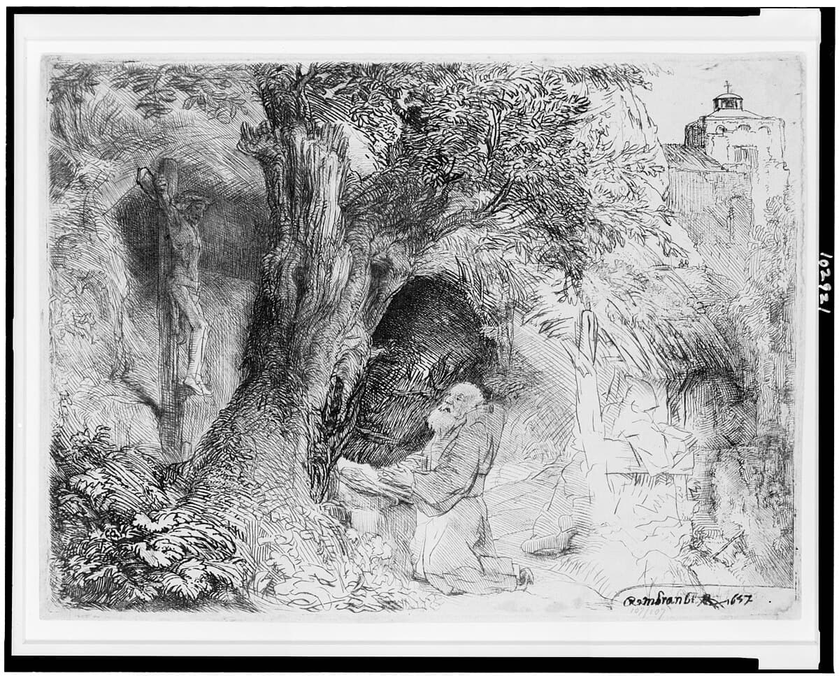 St. Francis beneath a tree praying by Rembrandt van Rijn