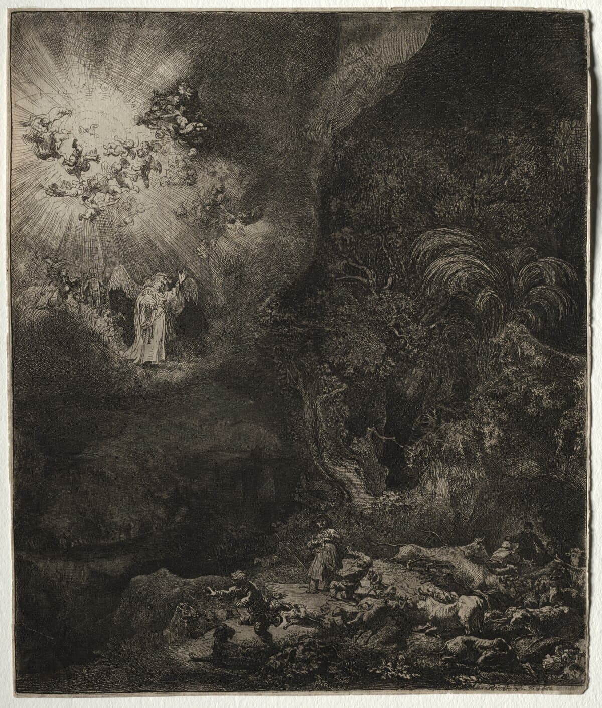 The angel appearing to the shepherds by Rembrandt van Rijn