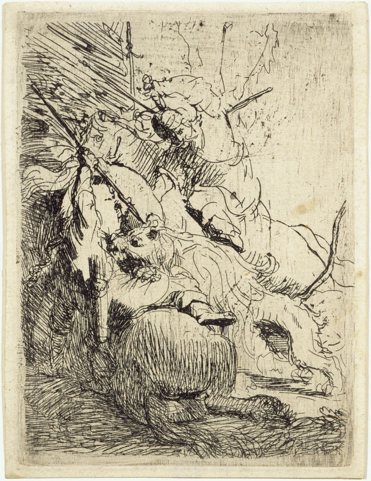 The small lion hunt with two lions by Rembrandt van Rijn