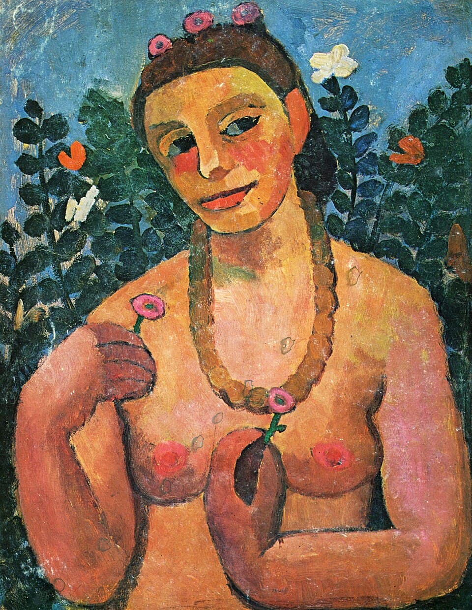 Self-Portrait on Her Sixth Wedding Anniversary by Paula Modersohn-Becker (1906), Oil on board at The Metropolitan Museum of Art