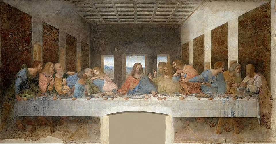 The Last Supper by Leonardo da Vinci (1498), Tempera and oil on gesso, pitch, and mastic at Santa Maria delle Grazie