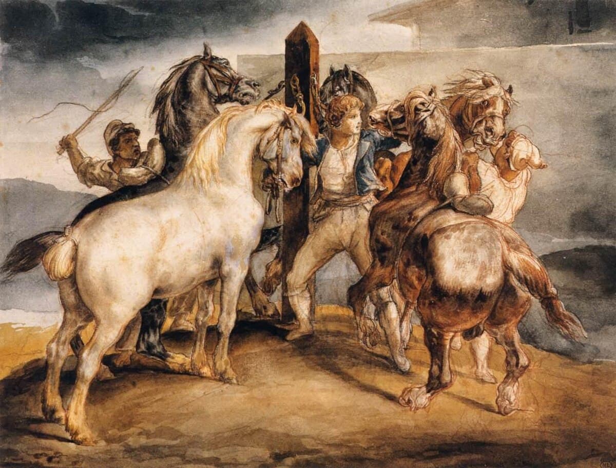 The Horse Market: Five Horses at the Stake by Théodore Géricault