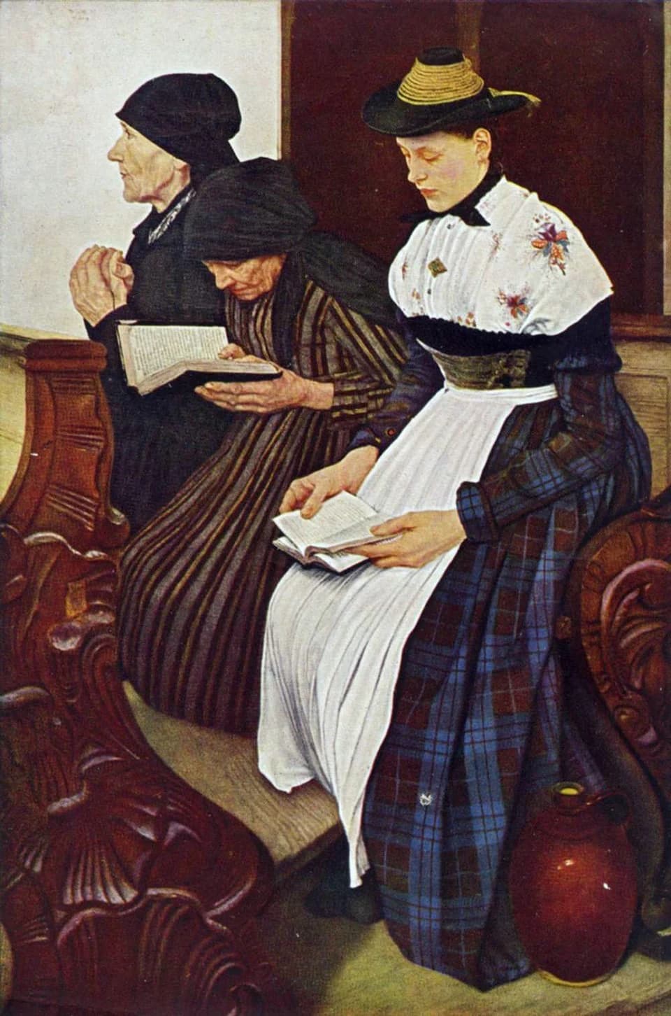 Three Women in Church by Wilhelm Leibl (1882), Oil on panel at Hamburger Kunsthalle