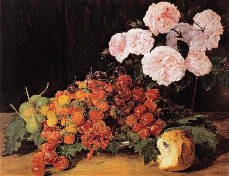 Still life with roses, strawberries, and bread by Ferdinand Georg Waldmüller