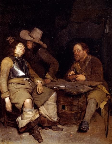 A Guard Room Interior With A Soldier Blowing Smoke In The Face Of His Sleeping Companion