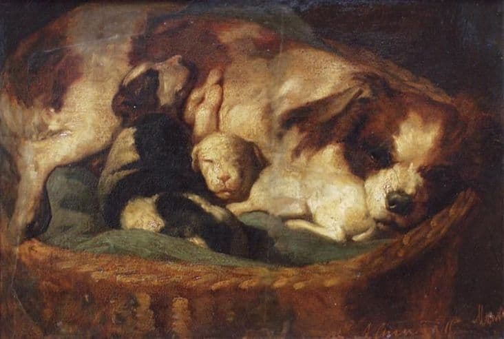 Female dog and two puppies (in collaboration with Matthijs Maris) by Lawrence Alma-Tadema at Bredius Museum, Hague