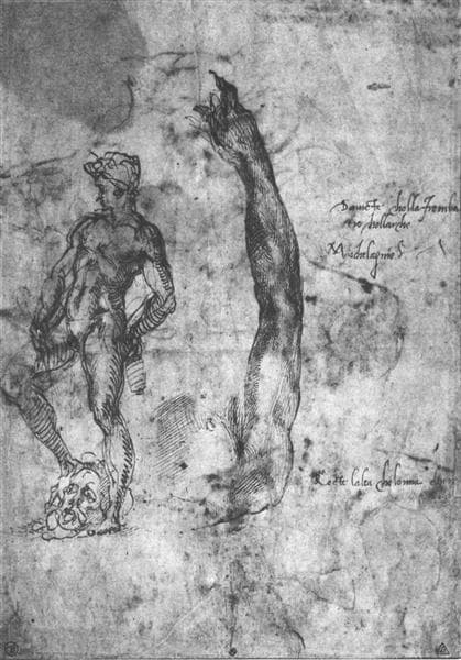 Study for an arm of the marble David and the figure of the bronze David by Michelangelo
