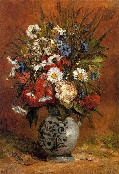 Daisies and peonies in blue vase by Paul Gauguin