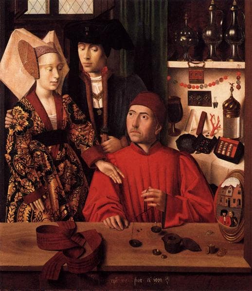 St. Eligius as a goldsmith showing a ring to the engaged couple by Petrus Christus