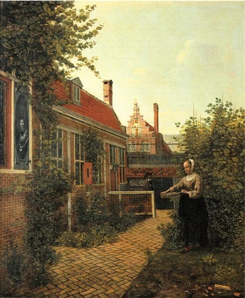 Woman with basket of beans in the kitchen garden by Pieter de Hooch