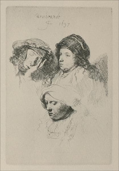 Three female heads with one sleeping by Rembrandt van Rijn