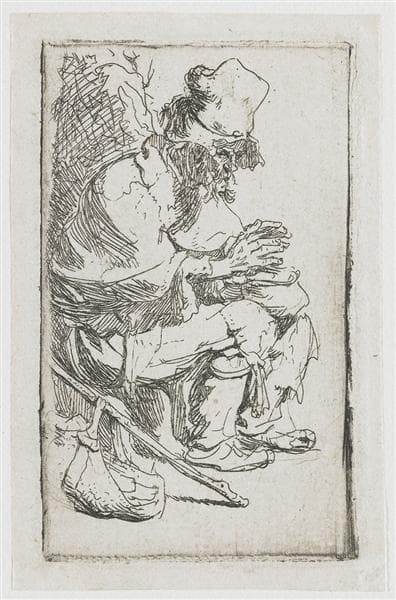 Beggar seated warming his hands at a chafing dish by Rembrandt van Rijn